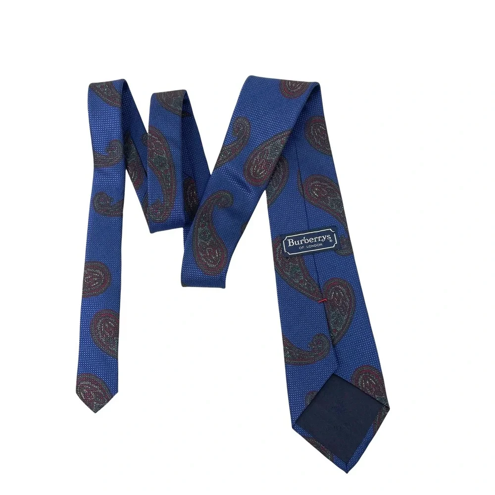 Vintage Burberrys London 100% silk paisley print tie blue maroon red designer‎
